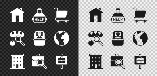 集房地产，帮助无家可归者，购物车，多层建筑，工作搜索，寻找食物和睡袋的图标。向量图片下载