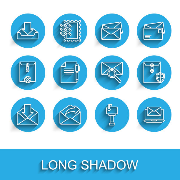 设置线信封，外发邮件，下载收件箱，邮件，笔记本电脑与信封，文件和笔，屏蔽和放大镜图标。向量图片下载