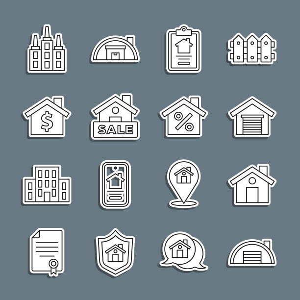 设置线仓库，房子，车库，合同，悬挂标志与销售，美元符号，摩天大楼和百分比折扣图标。向量图片下载