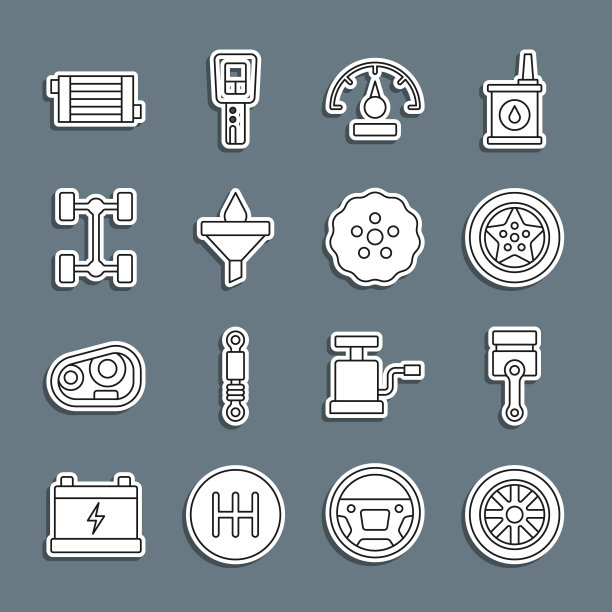 设置汽车车轮，发动机活塞，速度计，漏斗和油滴，底盘汽车，散热器冷却系统和齿轮图标。向量图片下载