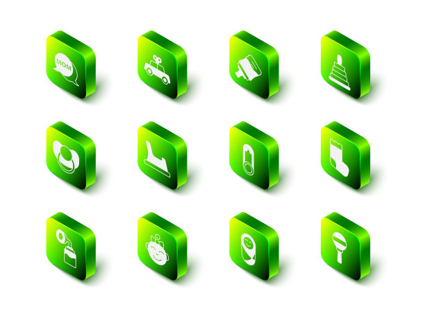 集玩具车，奶瓶，金字塔玩具，袜子，拨浪鼓婴儿，衣服别针，新生儿襁褓和小女孩的头图标。向量图片下载