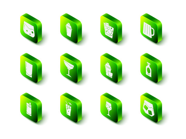 鸡尾酒摇壶，威士忌酒杯，木制啤酒杯，酒精饮料朗姆酒，香槟和图标。向量图片下载