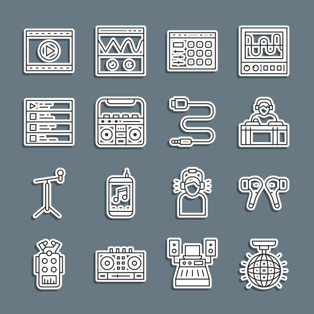设置线迪斯科球，空气耳机，DJ播放音乐，鼓机，家庭立体声扬声器，音乐播放列表，在线视频和音频插孔图标。向量图片下载