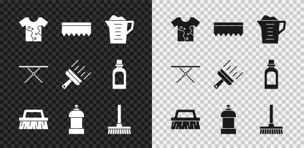 集脏t恤，海绵，洗衣粉，刷清洁，瓶剂，处理扫帚，熨衣板和橡胶清洁剂窗口图标。向量图片下载