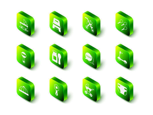 设置婴儿便盆，婴儿车，精子，滑板车，尿布，语音泡沫妈妈，和拨浪鼓婴儿玩具图标。向量图片下载