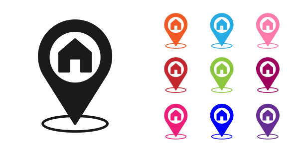 黑色地图指针与房子图标隔离在白色背景。主位置标记符号。设置图标彩色。向量图片下载