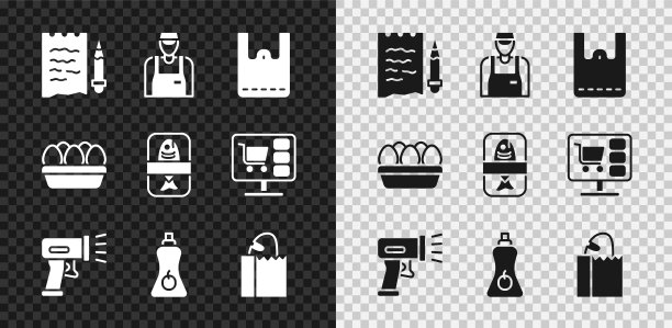 集购物清单和铅笔，卖家，纸质购物袋，扫描仪扫描条形码，酱汁瓶，面包，鸡蛋盒和鱼塑料托盘容器图标。向量图片下载