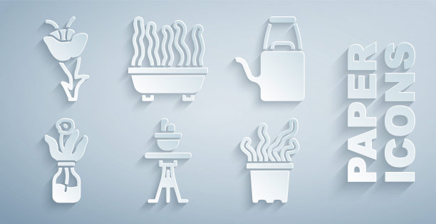 把植物放在桌子上的花盆里，水罐，花玻璃瓶，异国情调的热带植物，和图标。向量图片下载