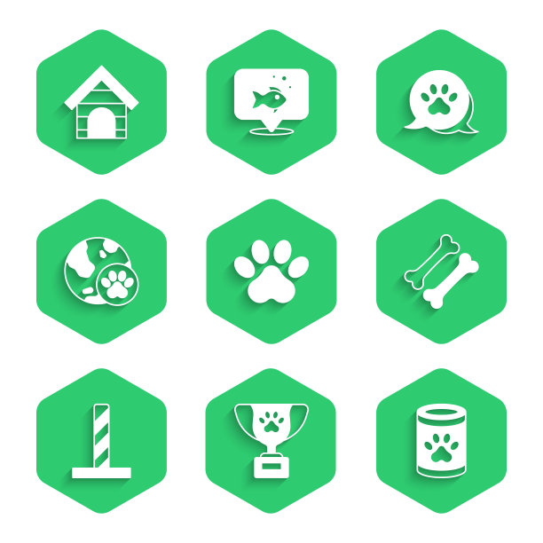 集爪印，宠物奖励标志，罐头食品，狗骨头，猫抓后与玩具，世界宠物，和房子的图标。向量图片下载