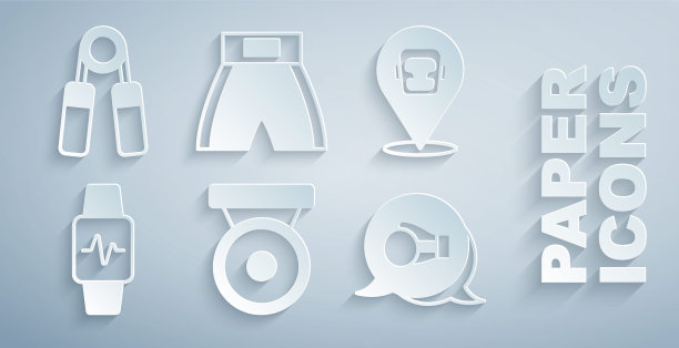 设置拳击锣，头盔，智能手表与心脏，手套，短和运动扩展图标。向量图片下载