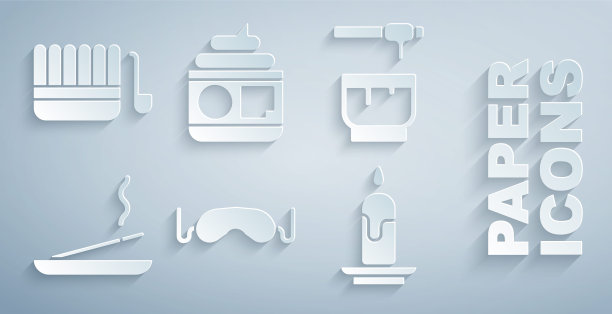 套装睡眠眼罩，蜂蜜勺棒和碗，香薰水疗，燃烧的蜡烛，奶油或乳液化妆品管和桑拿桶勺图标。向量图片下载