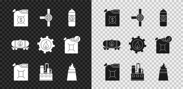 集机油罐，工业管道和阀门，汽油，石油工业厂房，钻机与消防，铁路储罐和图标。向量图片下载