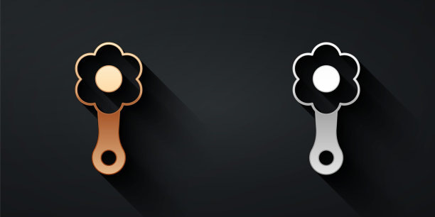 金色和银色拨浪鼓婴儿玩具图标孤立的黑色背景。豆袋的迹象。长影式。向量图片下载