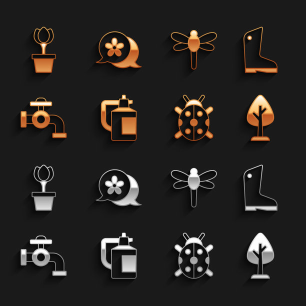 设置花园喷雾器肥料，橡胶手套，森林，瓢虫，水龙头，蜻蜓，花郁金香在锅和图标。向量图片下载