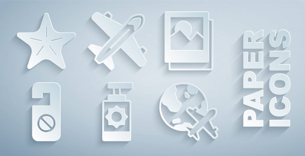 设置防晒喷雾瓶，照片，请勿打扰，环球飞行飞机，飞机和海星图标。向量图片下载