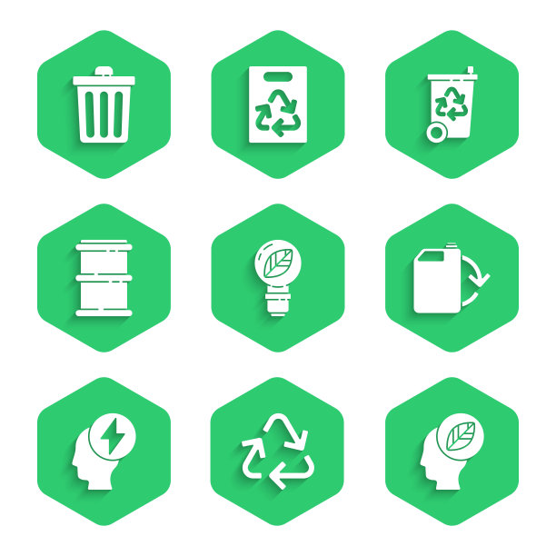 设置灯泡与叶片，回收标志，人的头里面，生态燃料罐，头和电，桶，垃圾箱回收和垃圾图标。向量图片下载