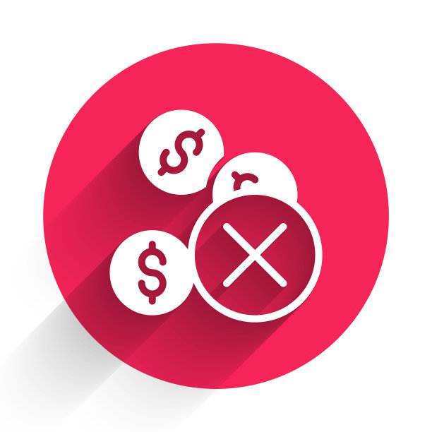 白色没有钱的图标孤立的长阴影背景。红色圆圈按钮。向量图片下载