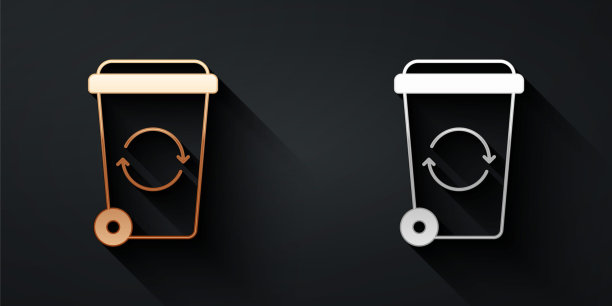 黄金和白银回收站与回收符号图标孤立的黑色背景。垃圾桶图标。垃圾桶标志。回收箱标志。长影式。向量图片下载