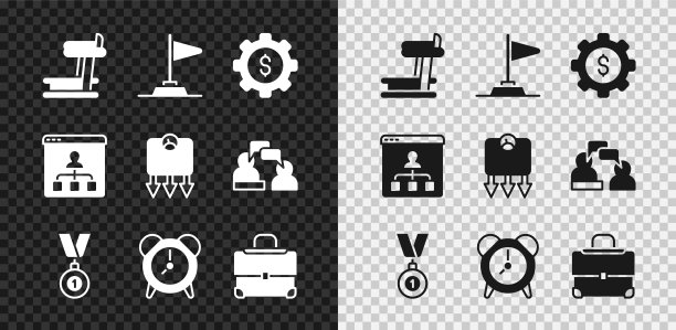 集跑步机，旗帜，齿轮与美元，奖章，闹钟，公文包，在线教育和减肥图标。向量图片下载