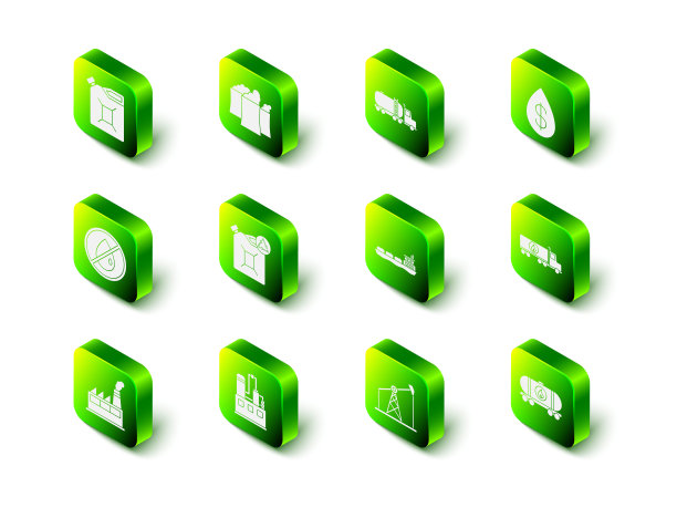 集石油工业厂房、油罐车、吊具、铁路储罐、油船、水泵千斤顶及图标。向量图片下载