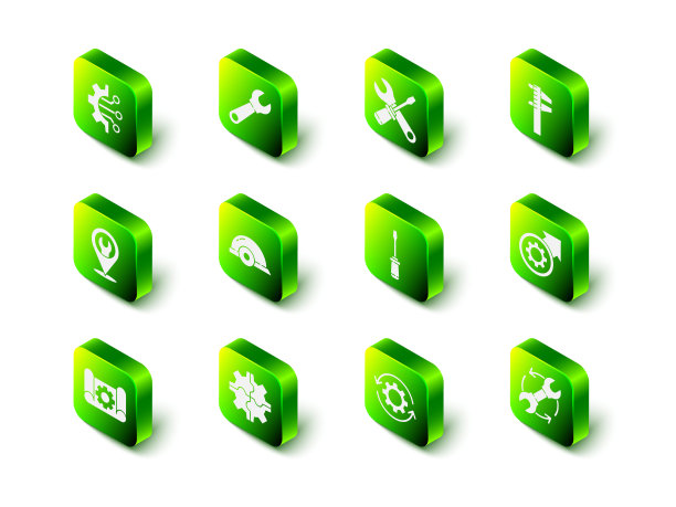 设置扳手扳手，螺丝刀和扳手，卡钳或卡钳刻度，齿轮箭头作为工作流程，和图标。向量图片下载