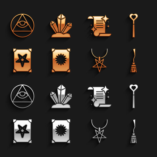 集古代魔法书，魔杖，女巫扫帚，五角星项链，石匠和石头图标。向量图片下载