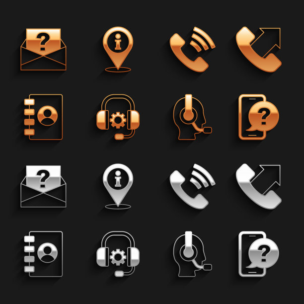 设置耳机，电话24小时支持，人与耳机，地址簿，信封问号和位置信息图标。向量图片下载