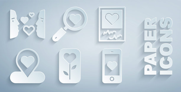 集花玫瑰，相框和心，位置与，移动，搜索爱和爱的第一眼图标。向量图片下载