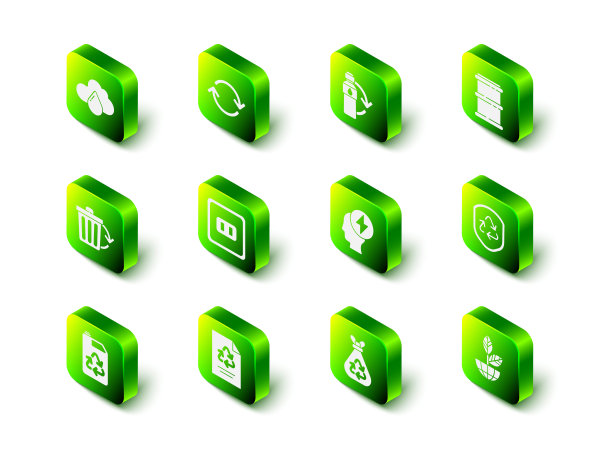 设置刷新，回收塑料瓶，桶，回收标志内盾，地球和植物，头部电动，垃圾袋与回收和纸的图标。向量图片下载