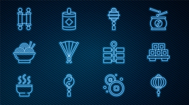 设线中国纸灯笼，寿司砧板，中国折扇，亚洲面碗，法令，纸，羊皮纸，卷轴，烟花和图标。向量图片下载