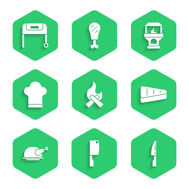 集篝火，肉斩，烧烤刀，牛排肉，烤火鸡或鸡，厨师帽，砖炉和烧烤图标。向量图片下载