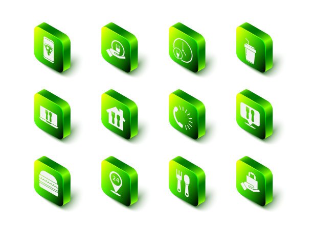 设置在线订购和交付，24小时，咖啡杯去，咖啡馆餐厅的位置，食物，叉子勺子和图标。向量图片下载