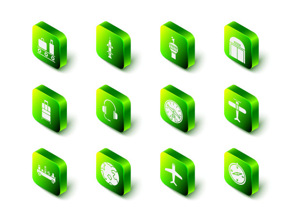 设置火箭，雷达，飞机机库，飞机，指南针，和世界范围的图标。向量图片下载