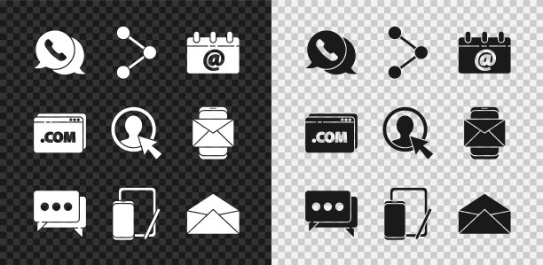设置电话与语音气泡聊天，分享，日历电子邮件，语音，电话和图形平板电脑，信封，网站模板和创建帐户屏幕图标。向量图片下载