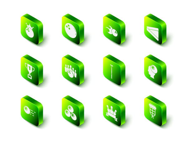 设置保龄球，台球三角形，口袋，杆，针和图标。向量图片下载