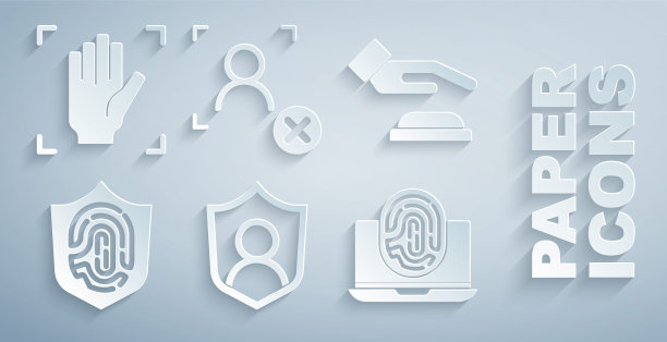 设置用户保护，掌纹识别，指纹屏蔽，带指纹的笔记本电脑，拒绝脸和图标。向量图片下载