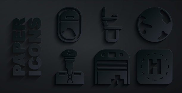 设置飞机机库，世界范围内，飞行员，直升机着陆垫，飞机座位和窗口图标。向量图片下载