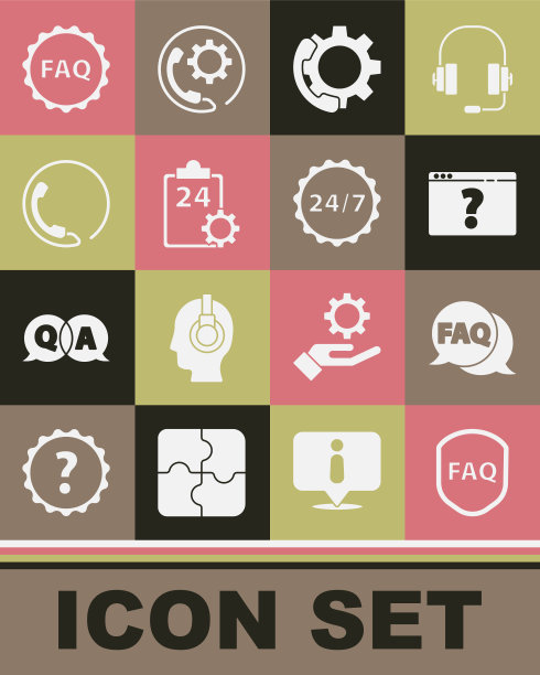 设置盾牌与文本常见问题解答，语音气泡，浏览器问号，电话24小时支持，检查表服务，标签和时钟图标。向量图片下载