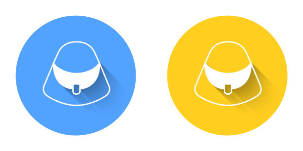 白色手提包图标孤立的长阴影背景。女性手袋标志。魅力休闲的行李符号。圆按钮。向量图片下载