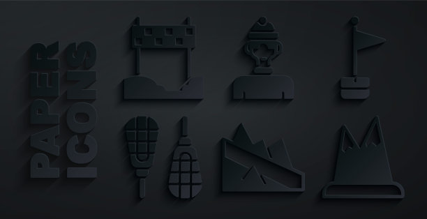 山地速降、位置标记、雪鞋、山脉、冬季运动员和终点线图标矢量图图片下载