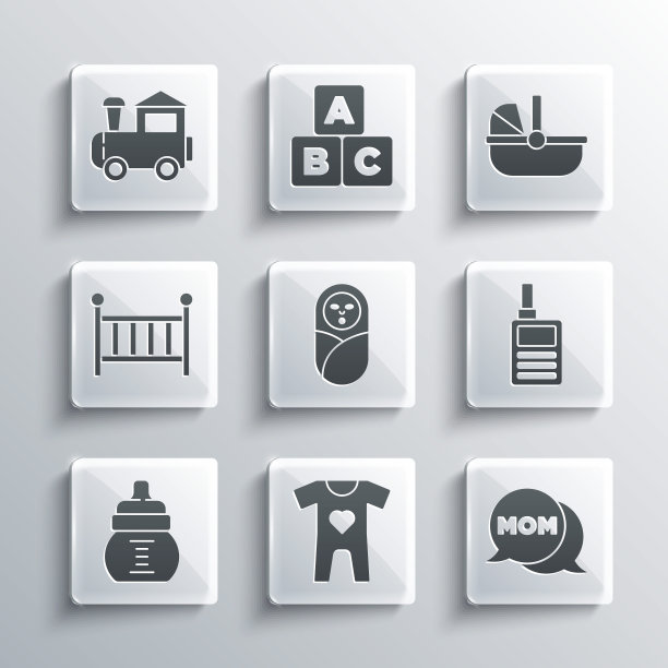 集婴儿服装，语音泡沫妈妈，监视器对讲机，新生儿婴儿襁褓，奶瓶，婴儿床摇篮，玩具火车和婴儿车的图标。向量图片下载