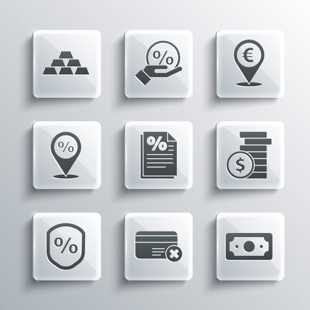 设置信用卡删除，堆栈纸币现金，硬币与美元，财务文件，贷款百分比，位置折扣，金条和现金位置图标。向量图片下载