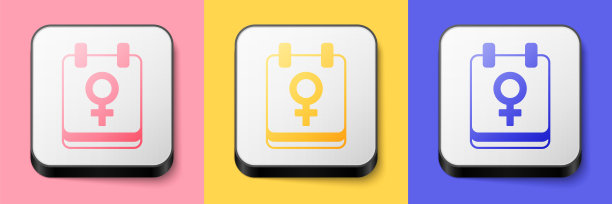 等距日历与3月8日图标隔离在粉红色，黄色和蓝色背景。妇女节快乐。方形按钮。向量图片下载