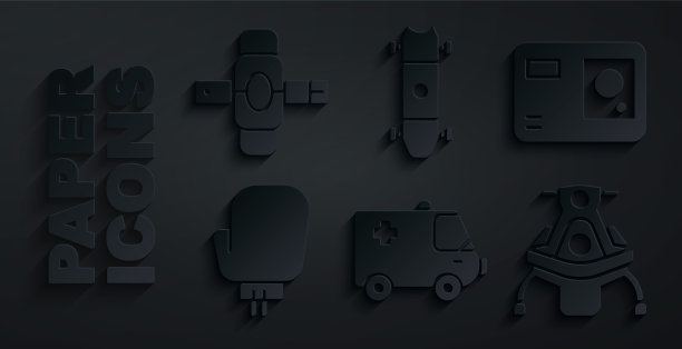 集救护车和急救车，动作极限相机，拳击手套，雪地车，长板或滑板和护膝图标。向量图片下载