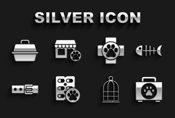 套装狗药丸，鱼骨架，宠物急救箱，鸟笼，带名牌项圈，兽医诊所，手提箱和医院图标。向量图片下载