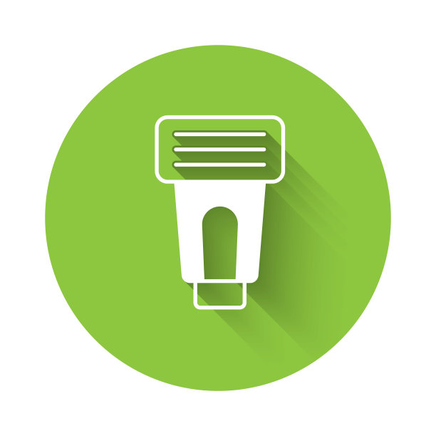 白色照片相机闪光灯图标隔离与长阴影背景。绿色圆形按钮。向量图片下载