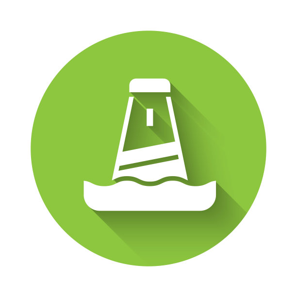 白色灯塔图标孤立的长阴影背景。绿色圆形按钮。向量图片下载