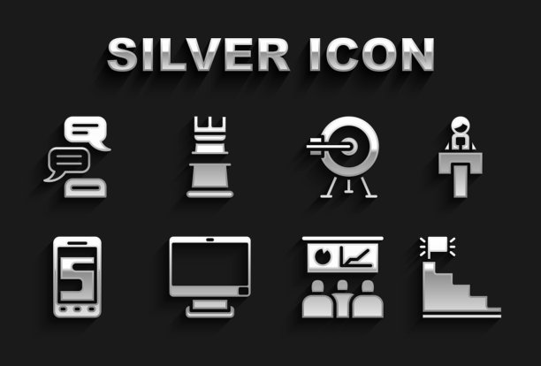 设置电脑显示器，舞台展台论坛，楼梯与完成标志，培训，演示，聊天消息电话，目标箭头，语音气泡聊天和业务战略图标。向量图片下载