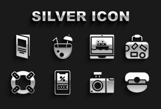 集邮轮票，行李箱，船长帽，照相机，救生圈，船，宣传册和椰子鸡尾酒图标。向量图片下载