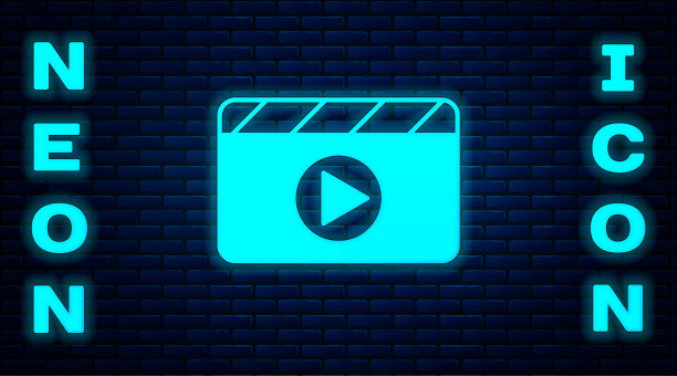 发光的霓虹灯电影拍手图标孤立的砖墙背景。电影拍板。拍板的迹象。电影制作或媒体行业。向量图片下载